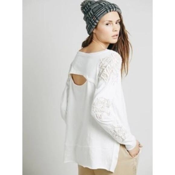 Free People Outer Sunset Ivory White Lace Insert Long Sleeve Boho Knit Top XS - Picture 3 of 16
